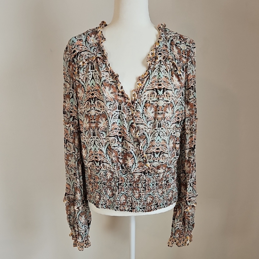 By Anthropologie XL Ruffle Wrap Smock Hem Paisley Blouse Top Boho Poet Romantic - Picture 2 of 11